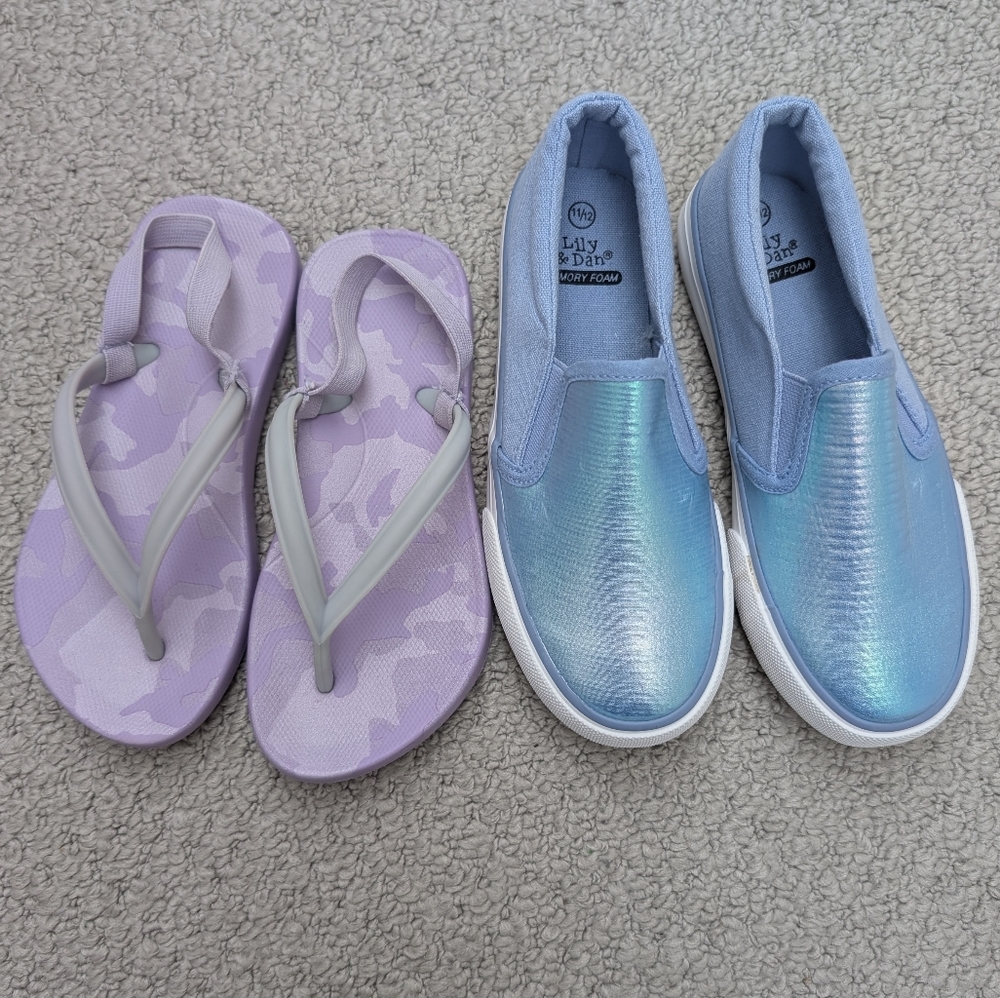 NEW Iridescent Blue Slip-On Sneakers + Light purple Flip Flops 11/12 Girl's